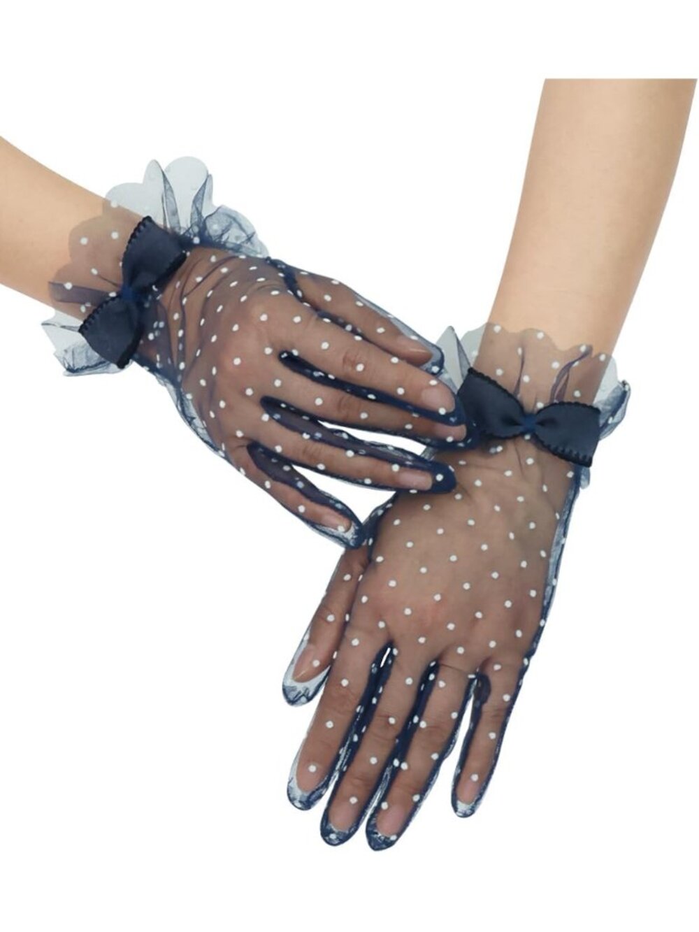 Womens Navy Blue 1920s Cocktail Opera Wrist Length Tulle Short Sheer Mesh Gloves